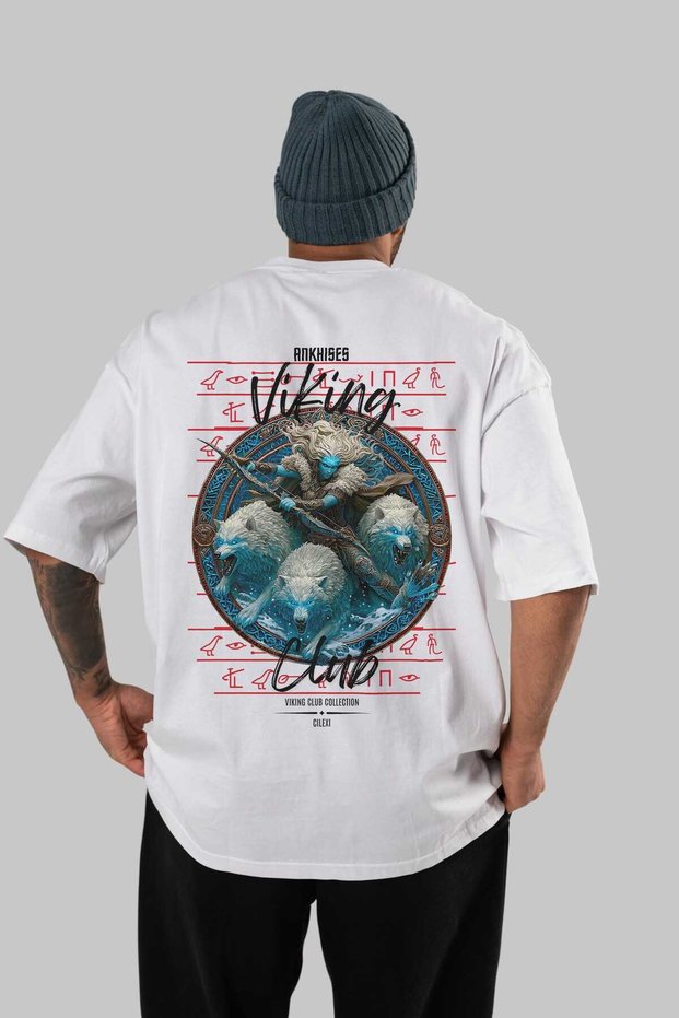 Skadi Back Printed White Oversize T-Shirt Men's Women's Cotton Crew Neck T-Shirt