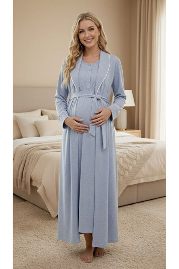 New Season Blue Melange Shawl Collar Short Sleeve Buttoned Stylish Full Length Maternity Pajama Nightgown Set