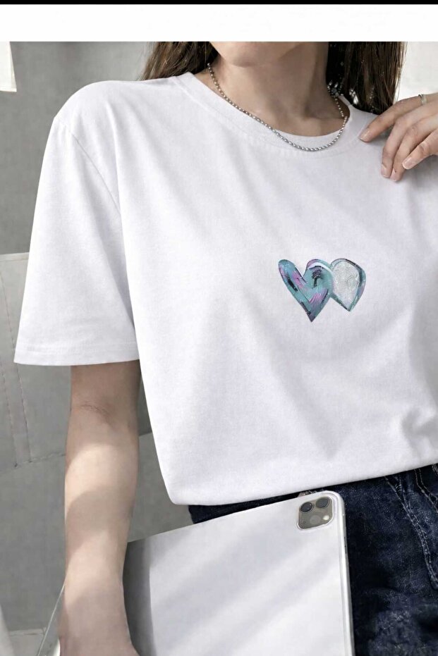 Blue Heart Printed Women's White T-Shirt