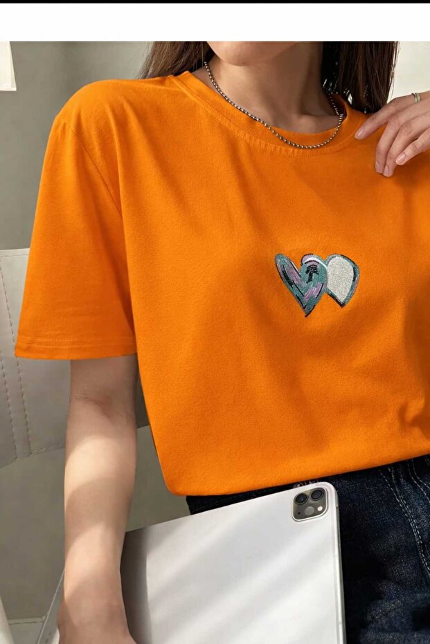Blue Heart Printed Women's Orange T-Shirt