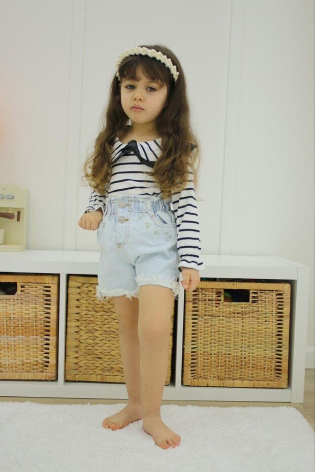 Girls Striped Long Sleeve Blouse & Denim Shorts 2 Piece Set-K018-Jlb-078