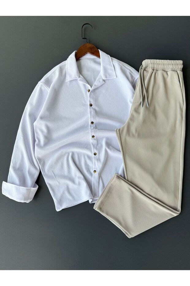 Comfortable Fit Ribbed Shirt + Trousers 2-Piece Combination