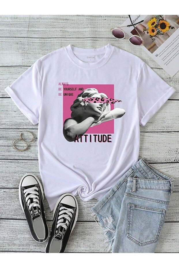 Attitude T-Shirt - White Printed Crew Neck Short Sleeve Loose