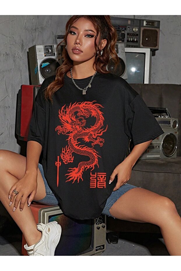 Dragon Design T-Shirt - Black Printed Oversize Crew Neck Short Sleeve Loose