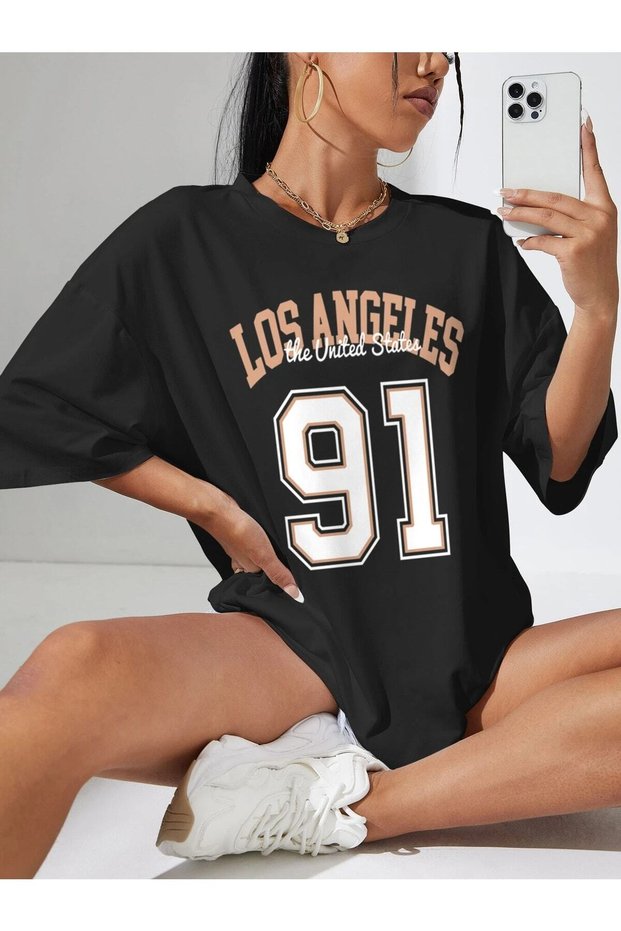91 Los Angeles The Us T-shirt -black, Printed, Crew Neck, Printed, Short Sleeve, Boyfriend, Loose