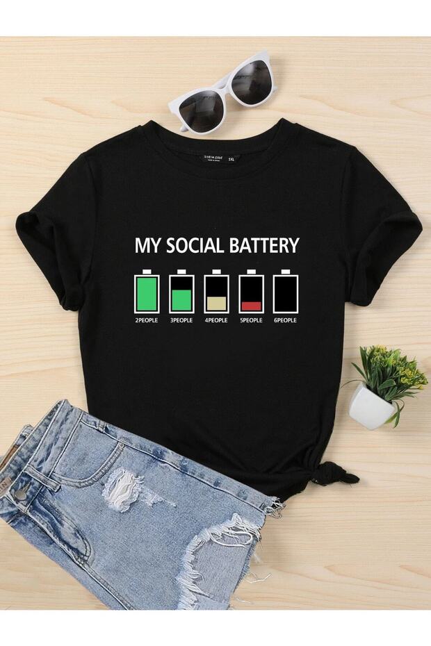 Social Battery T-shirt - black, Printed, Crew Neck, Printed, Short Sleeve, Boyfriend, Loose