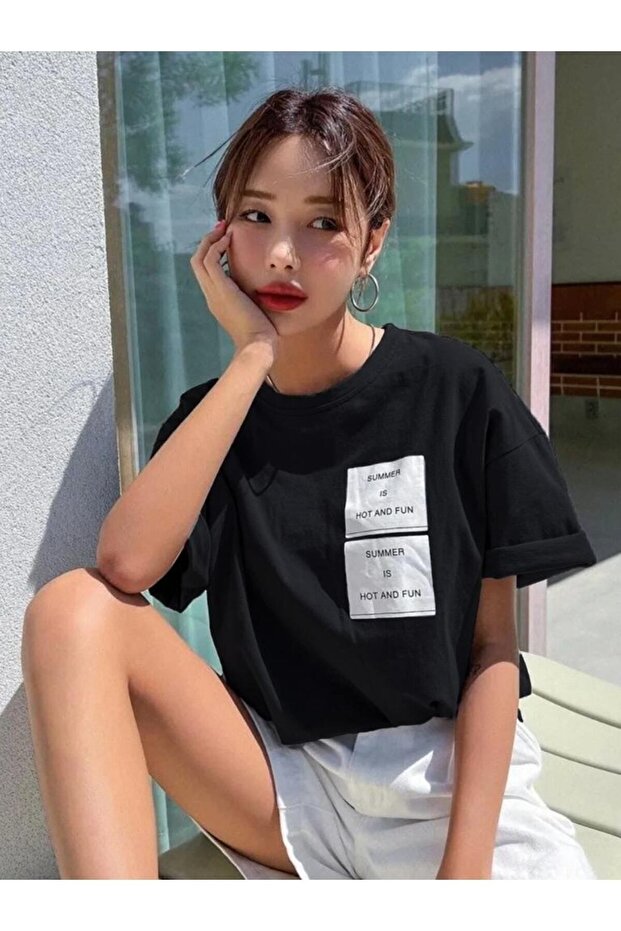 Hot Summer T-Shirt - Black Printed Oversize Crew Neck Short Sleeve Loose