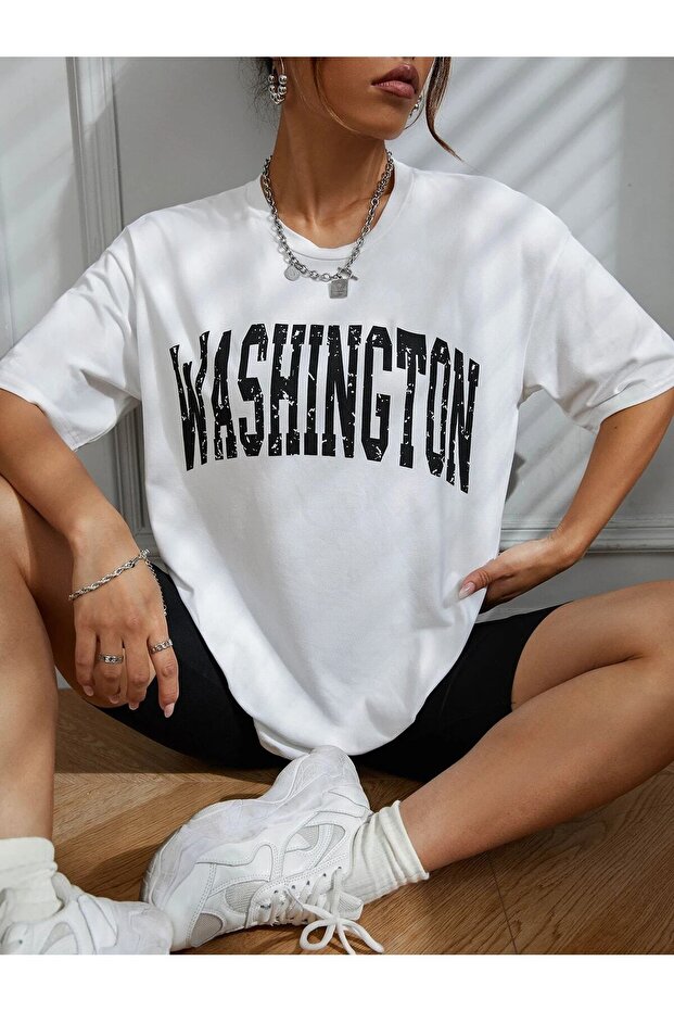 Washington-white, Printed, Crew Neck, Oversize, Short Sleeve, Boyfriend, Loose