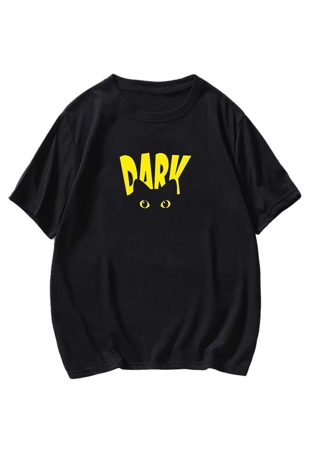 Dark Cat T-shirt - Black, Oversize, Printed, Crew Neck, Printed, Short Sleeve, Loose