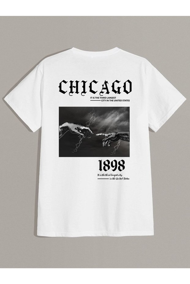 Chicago 1898 Lettering Design T-shirt -white, Printed, Crew Neck, Printed, Short Sleeve, Boyfriend, Loose