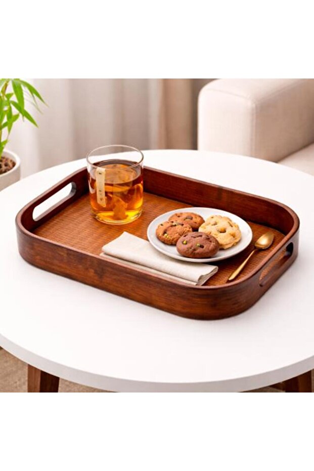 صينية تقديم خشبية مستطيلة بقاعدة منسوج - 1