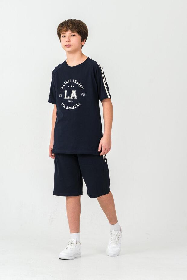 College League Los Angels Printed Boys' Shorts with Side Piping and Snap Fasteners - T-Shirt Set