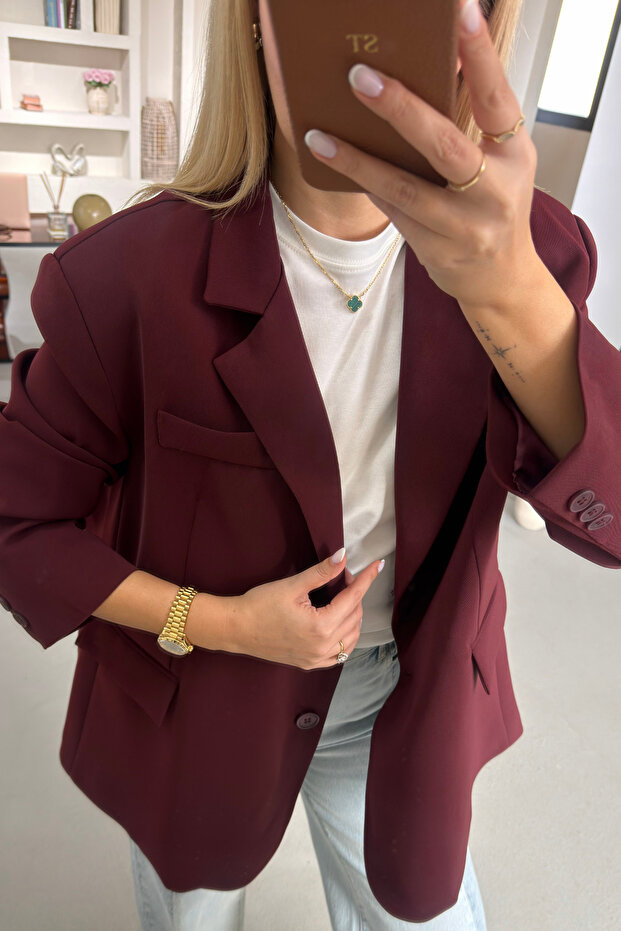 سترة بليزر كبيرة الحجم بأزرار عظمية بلون البرقوق - 2