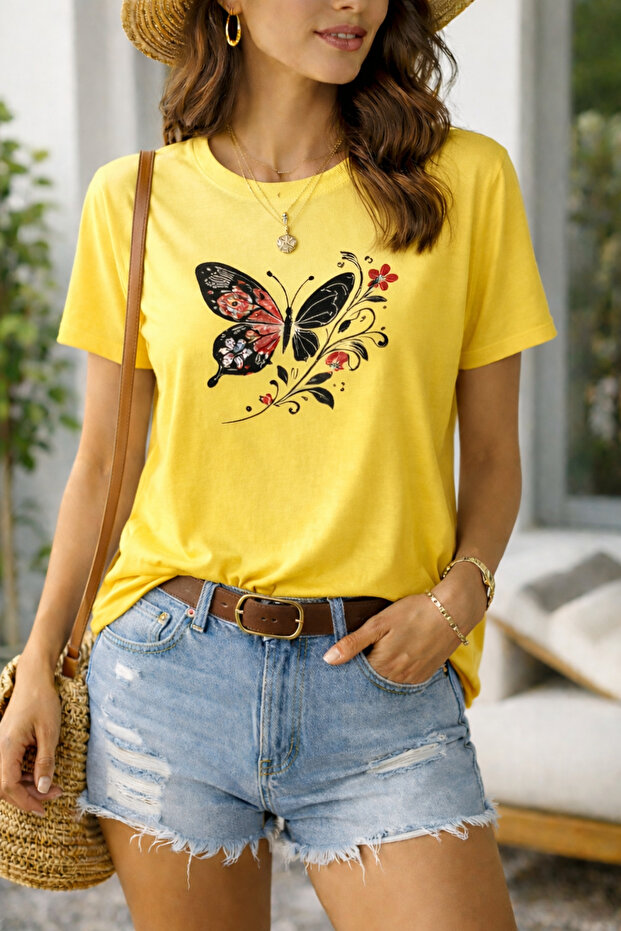 Butterfly Printed Cotton Relaxed Fit Round Neck Unisex T-Shirt