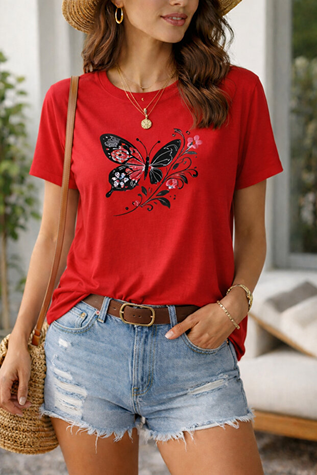 Butterfly Printed Cotton Relaxed Fit Round Neck Unisex T-Shirt