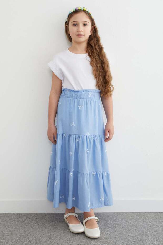 100% Cotton Girls' Skirt with Elastic Waist and Bow Embroidery