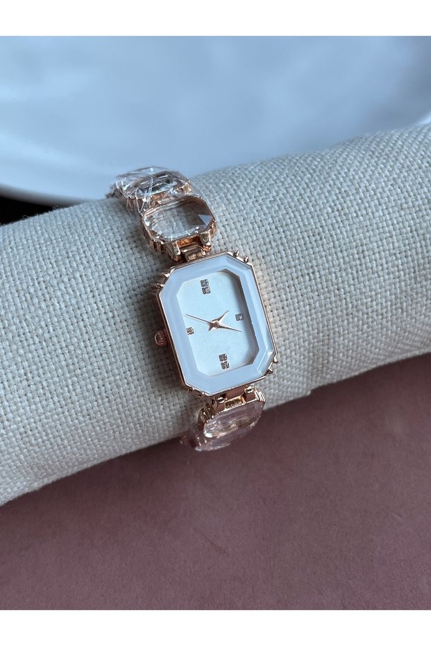 Pink Gold Case Octagonal Cut White Dial Stone Women's Wristwatch