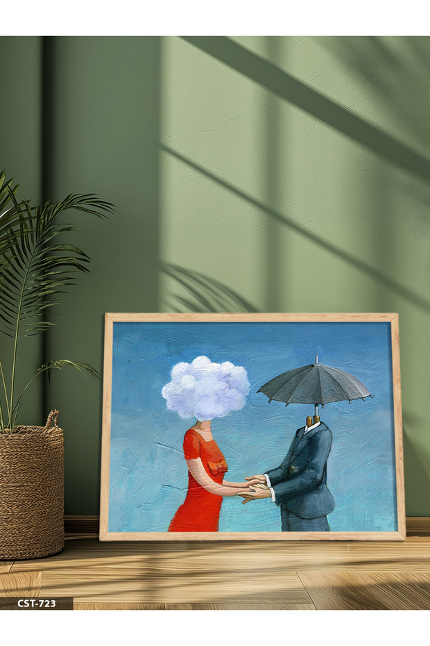 Cloud and Umbrella Pair One-Piece Wooden Framed Painting