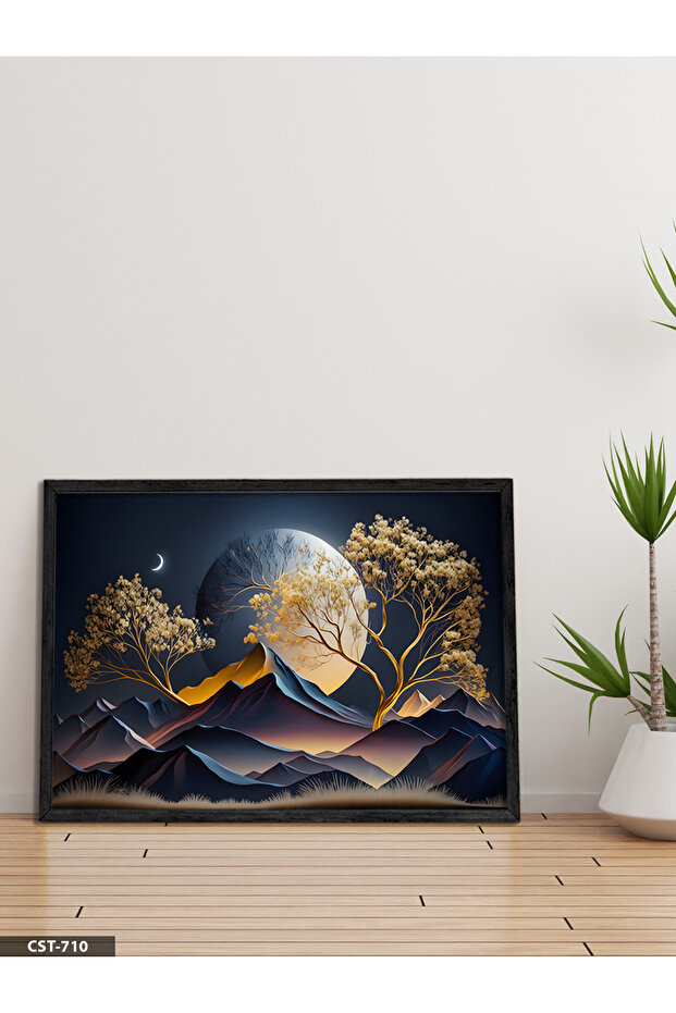 Mountain Tree and Moon One-Piece Black Wooden Framed Painting