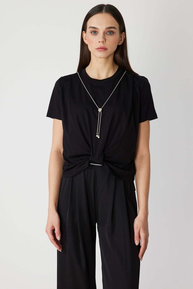 Front Gathered Blouse with Chain Accessory