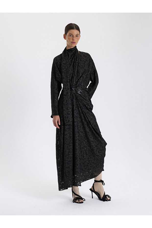 Siyah Desenli Drapeli Elbise - 2