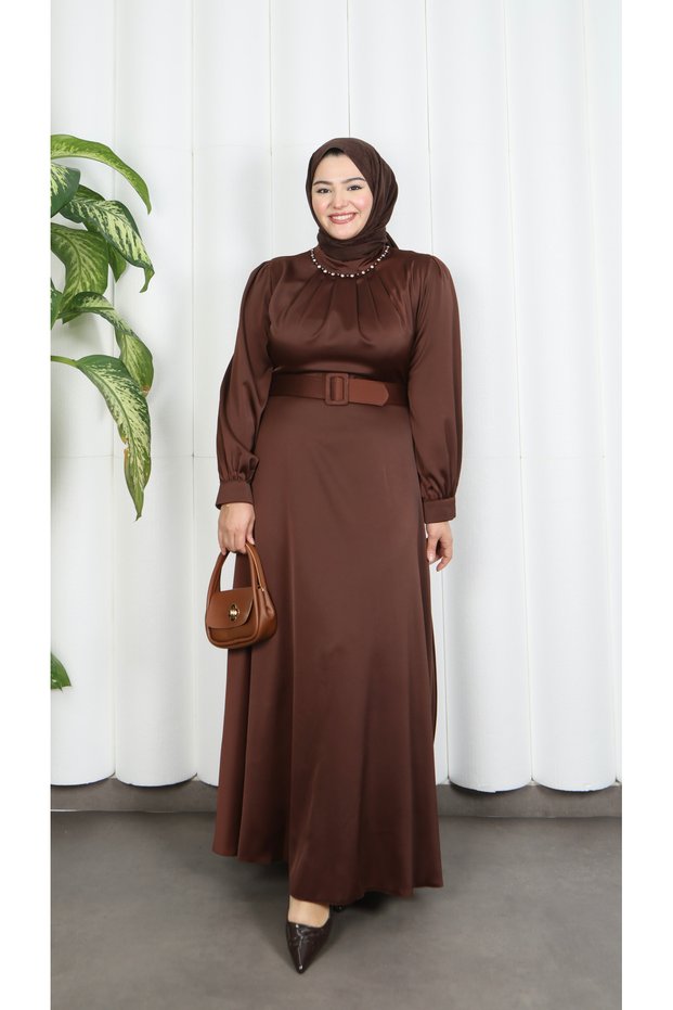 Elegant Satin Textured Belt Detailed Hijab Dress Bitter Coffee Hnt5855