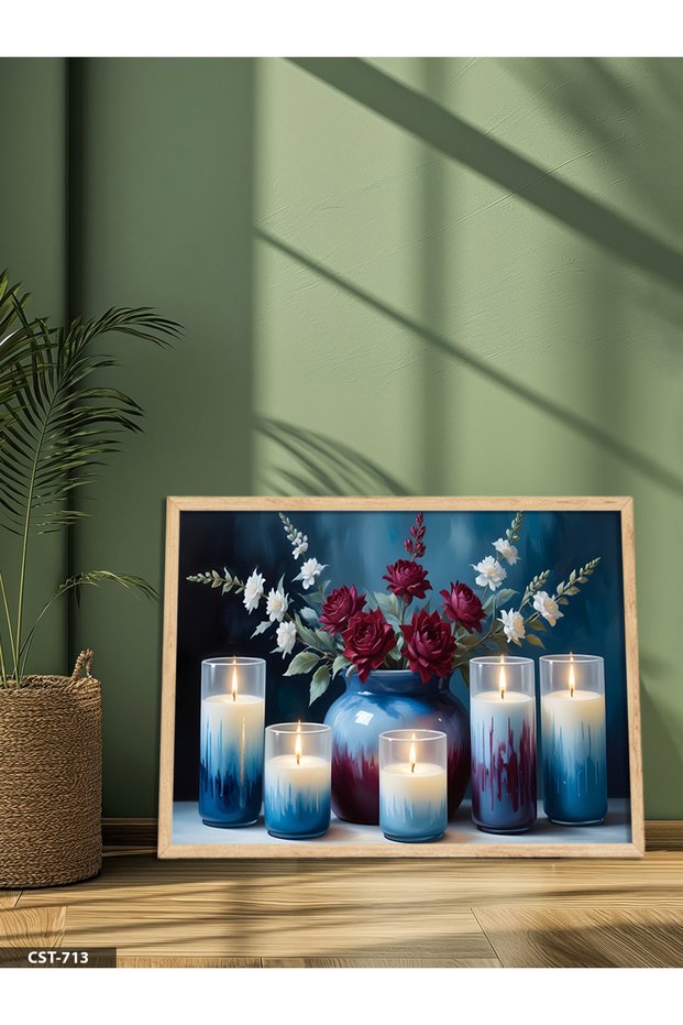 Red Flower and Candles One Piece Wooden Framed Painting