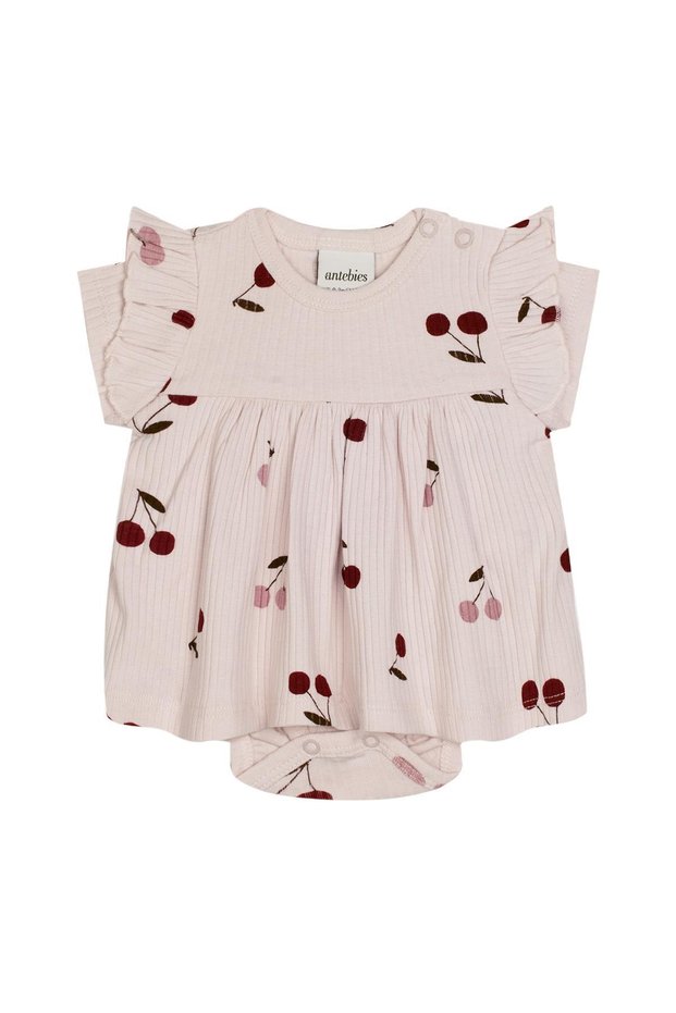 Organic Gots Certified Pink Cherry Tale Short Sleeve Baby Girl Dress with Snap Fasteners and Ruffles on the Shoulder
