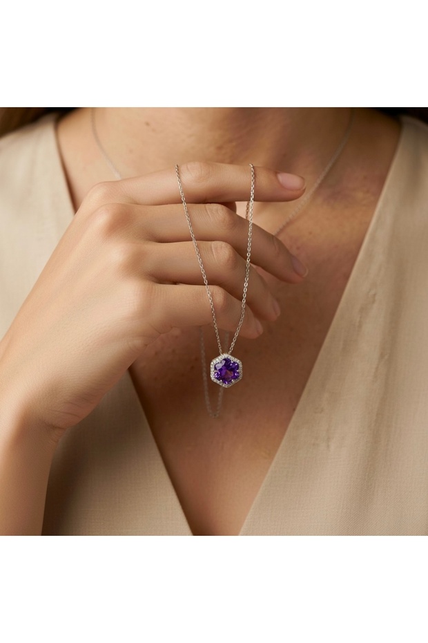 Minimal Mor Taşlı Gümüş Kolye - 2