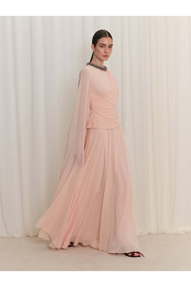 İşlemeli Drape Detaylı Şifon Elbise - 6