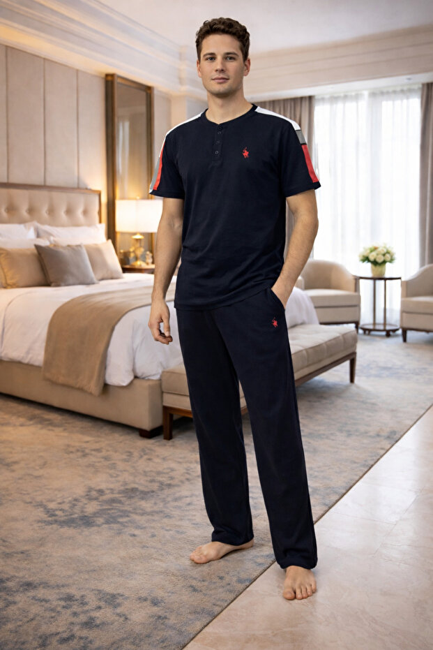 Polo Republi̇ca 95% Cotton Buttoned Collar Short Sleeves Men's Pajama Set 3428