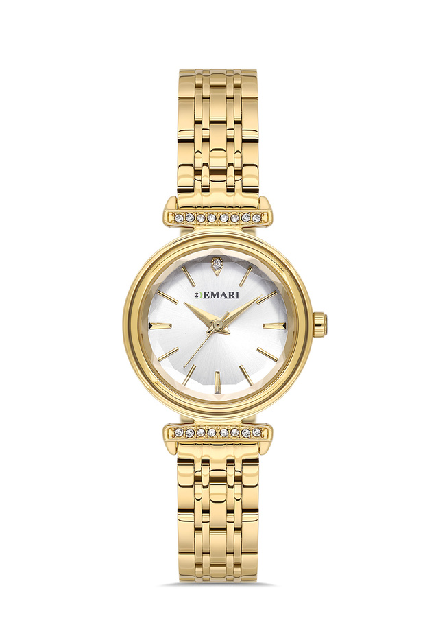 Women's Wristwatch Quartz Gold Steel Band Stone Detailed White Dial Round Case Dm-00111L-B1