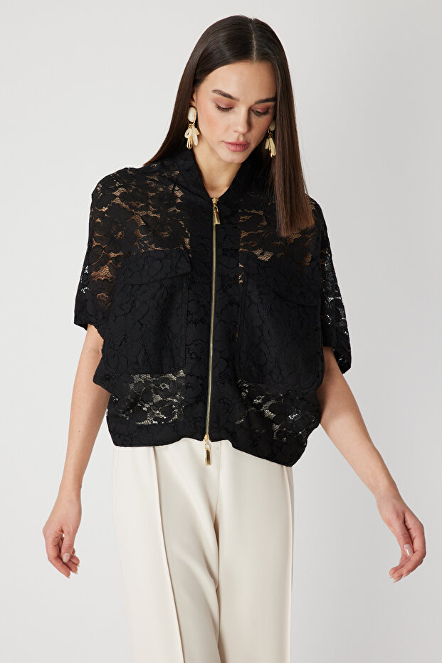 Kapak Cepli Dantelli Ceket - 2