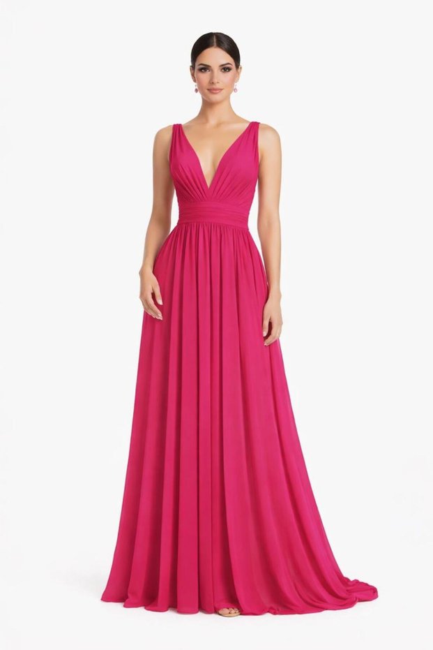 Women’s Elegant Maxi Evening Dress with V-Neckline, Sleeveless Design and Flowing Skirt – Formal