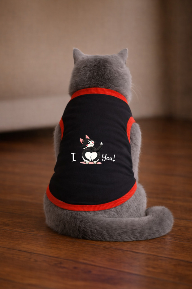 Black Love U Black Printed Cat Tshirt Size XL Cat Outfit (100% Cotton Combed)