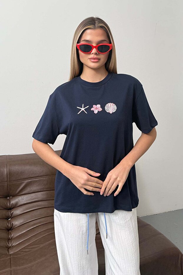 Women's Sea Shell Printed 100% Cotton T-Shirt Navy Blue - 26Y 26512