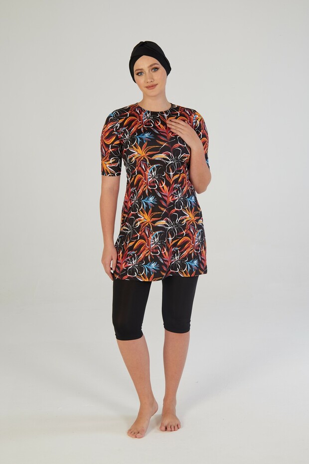 Garden Patterned Short Sleeve Tights Hijab Swimsuit