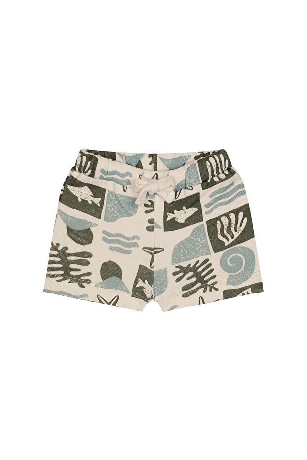 Organic Gots Certified Green Ocean Patterned Baby Boy Shorts with Elastic Waist and Laces