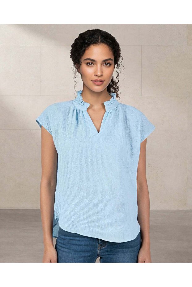 Women Blue Plain Casual Blouse
