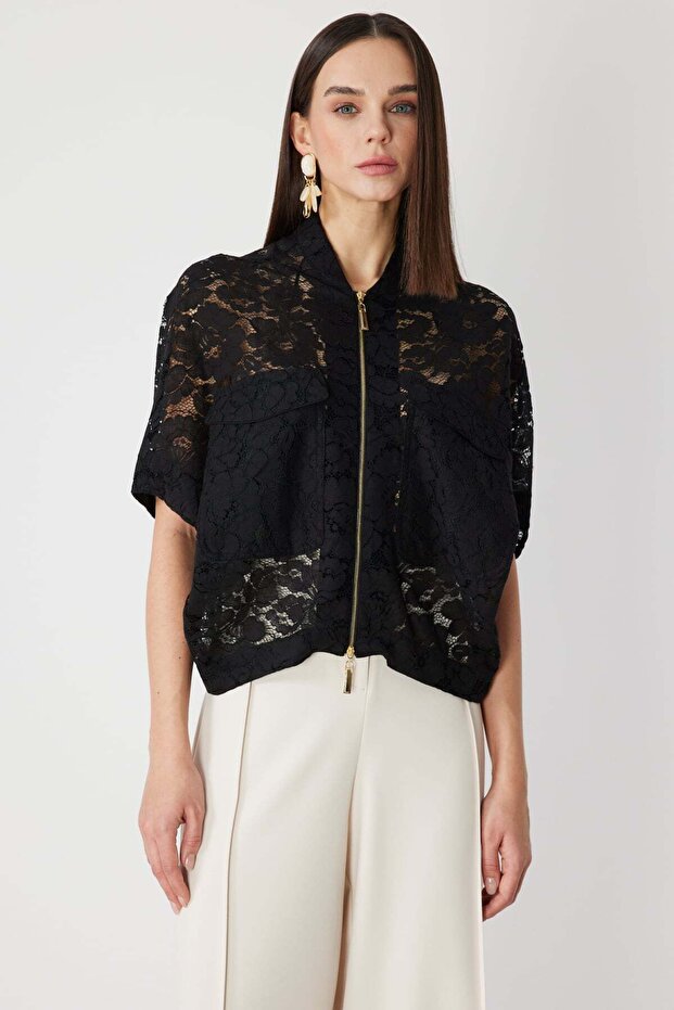 Kapak Cepli Dantelli Ceket - 1