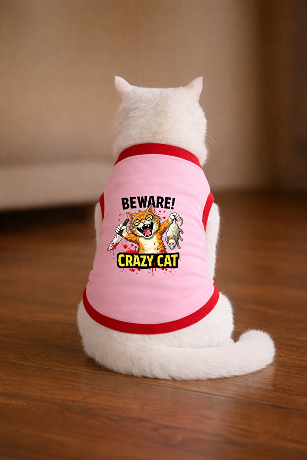 Pink Crazy Cat Printed Cat Tshirt Size L Cat Clothing (100% Cotton Combed)