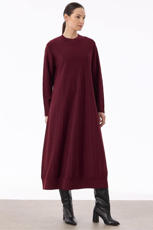 Ribbed Detailed Rayon Dress Bordo