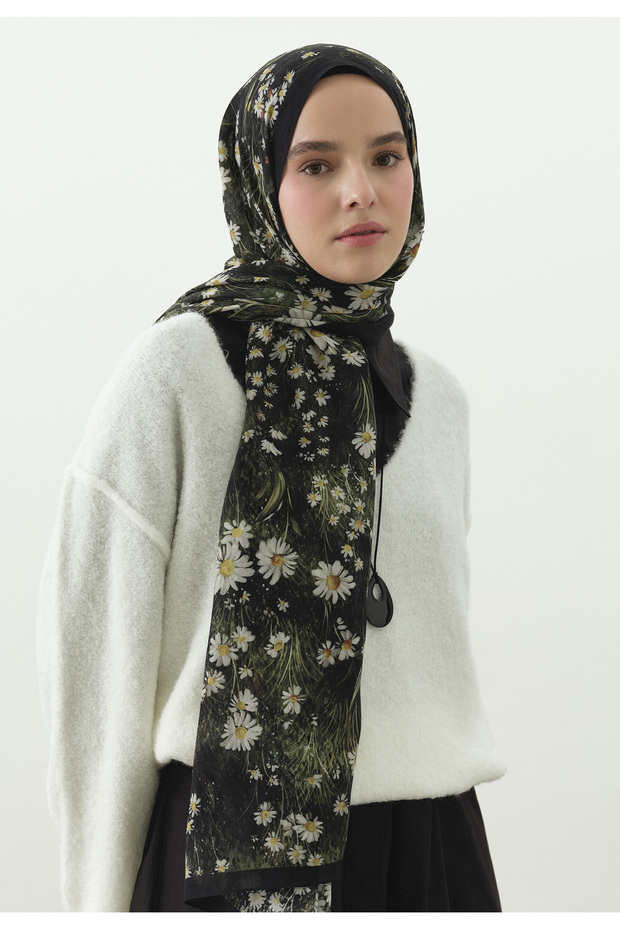 Tiny Daisy Patterned Cotton Viscose Shawl Black - 3