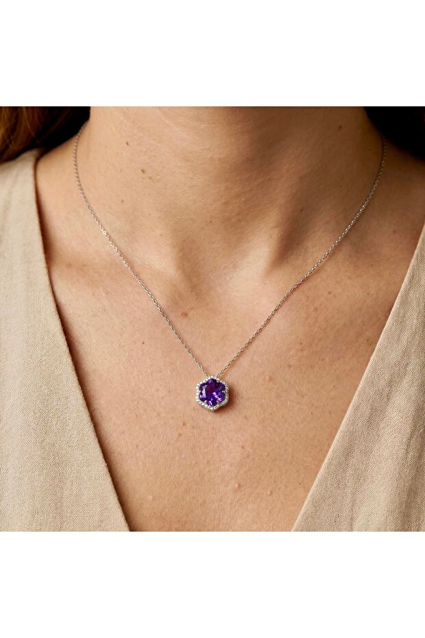 Minimal Mor Taşlı Gümüş Kolye - 3