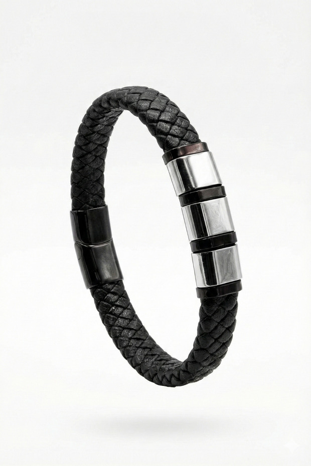 Men's Leather Bracelet Silver Color Gray Steel Detailed Black Hair Braid Leather Steel Lock Bracelet