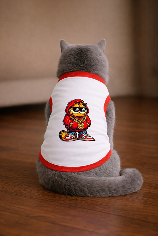 تيشيرت أبيض مطبوع عليه قطة من Garf مقاس 2XL (100% قطن ممشط)