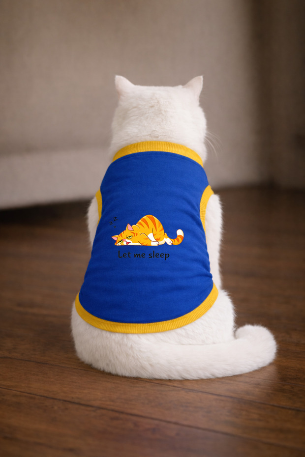Blue Lazy Cat Printed Cat Tshirt Size S Cat Clothing (100% Cotton Combed)
