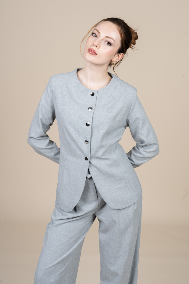 Women's Winter Gray Melange Round Neck Jacket and High Waist Wide Leg Pants Set Casual Daily Office Stylish 1287