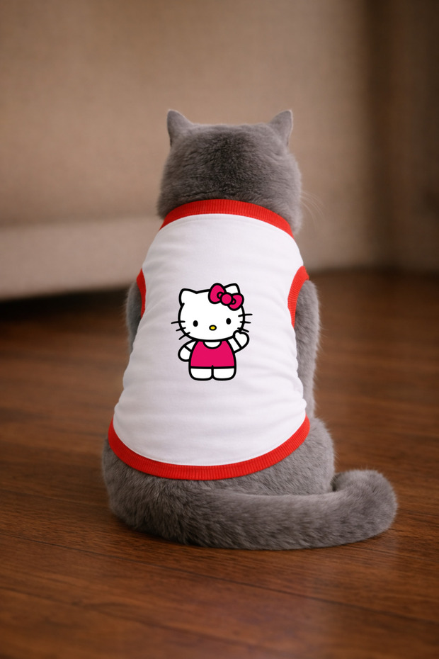 قميص أبيض مطبوع عليه Hello K2 للقطط مقاس 2XL (100% قطن ممشط)