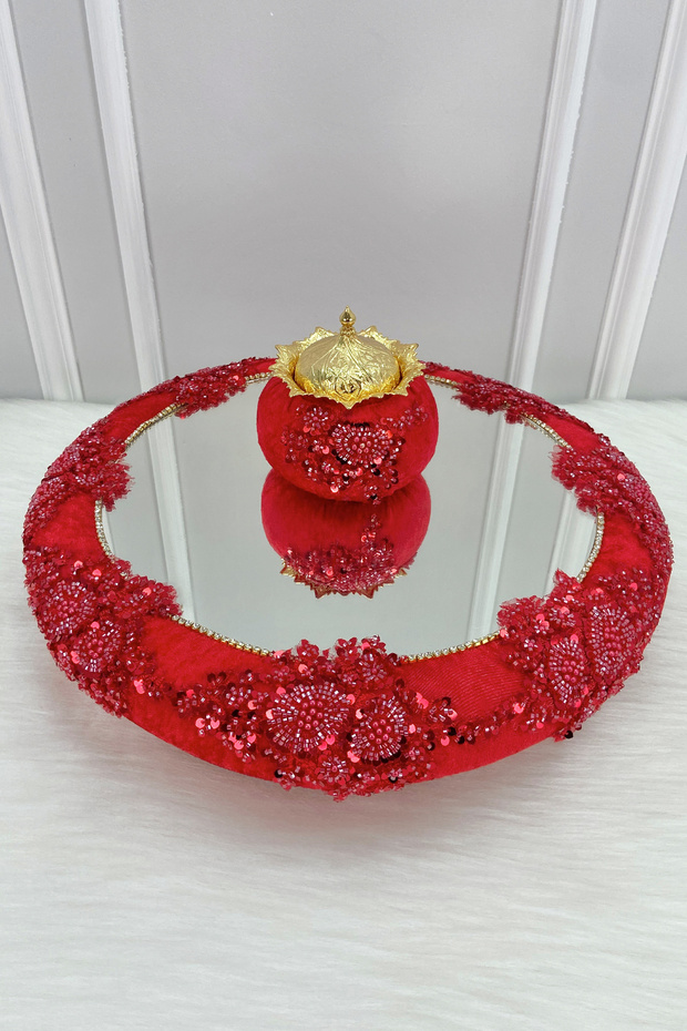 Red Vip Appliqued Mirrored Velvet Henna Night Tray Bride, Engagement Wedding Promise Ceremony